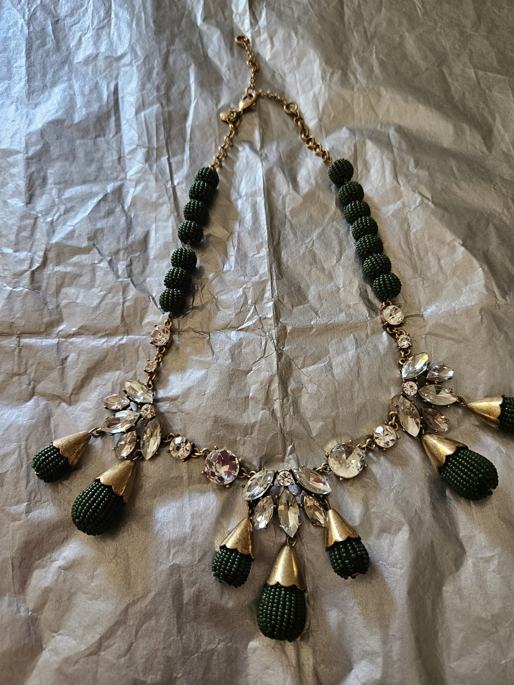 Green Beaded Statement Necklace with Crystal Accents